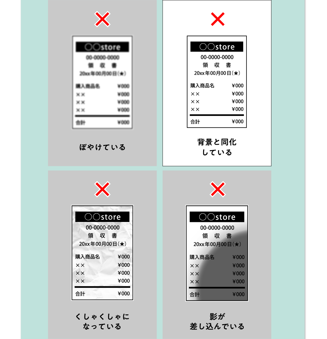ぼやけている 背景と同化している くしゃくしゃになっている 影が差し込んでいる